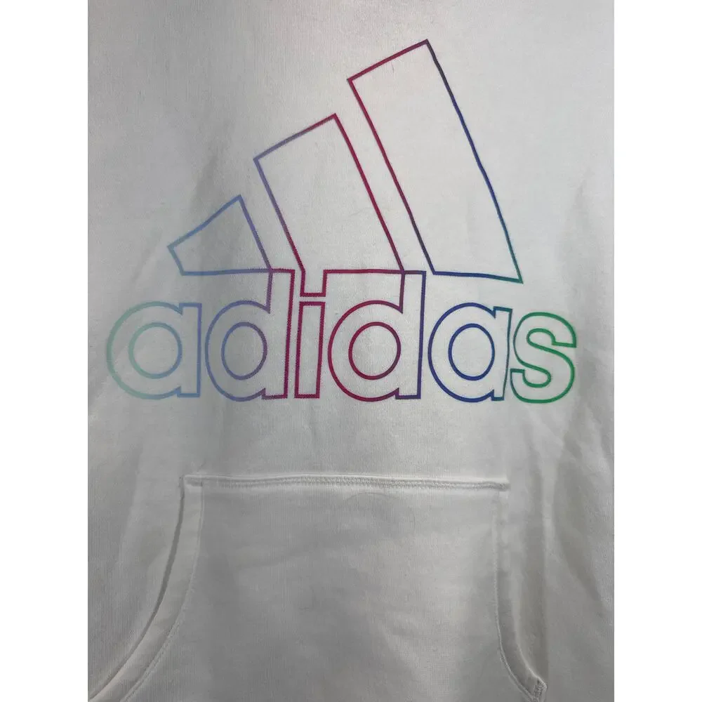 adidas Youth Hoodie White Pullover Rainbow Logo Stripe‎ Sweatshirt Size Large